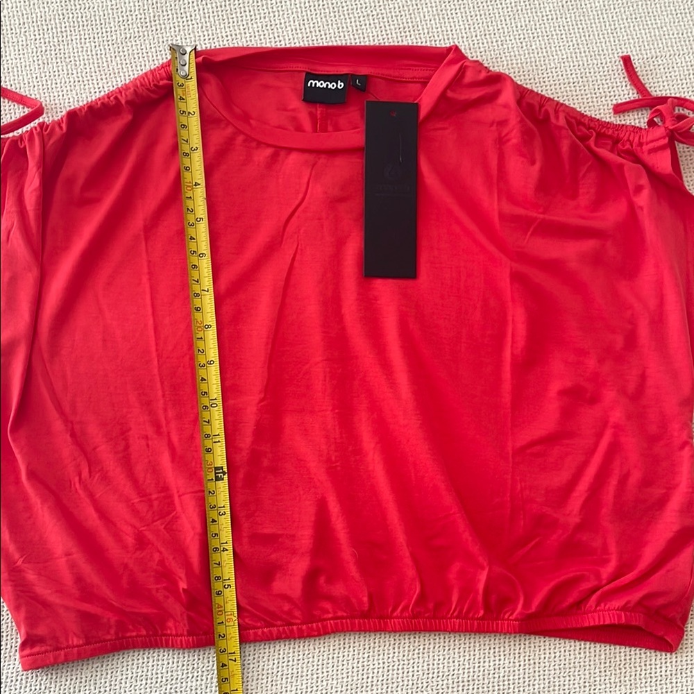 Mono B Red Crop Top Size L Tie Shoulder Cold Shoulder Elastic Hem NWT - Picture 4 of 7